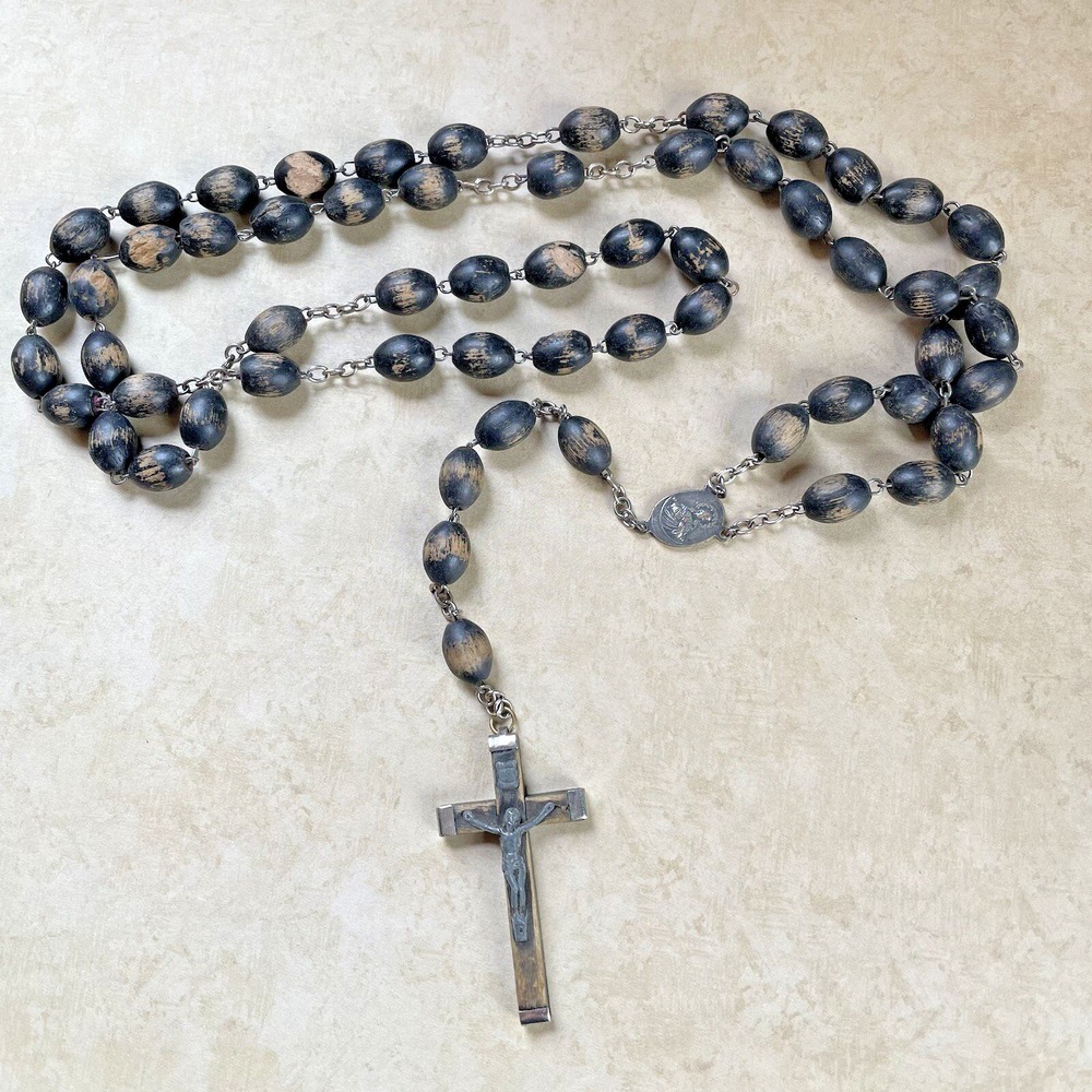 Vtg Wooden Long Rosary Beaded Necklace with Crucifix‎ 43" Italy Prayer Necklace